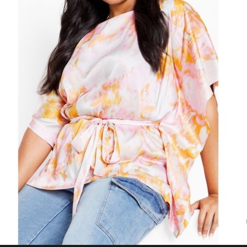 City Chic Pink Flutter Sleeve Tie Front Blouse SZ Med- NO BELT